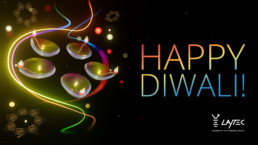 Raupe Designstudio 3D-Illlustration: Darstellung von Diwali-Kerzen, Laserstrahlen mit dem Text Happy Diwali