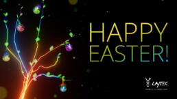 Raupe Designstudio 3D-Illlustration: Darstellung von Baumzweigen bestehend aus Laserstrahlen mit Ostereiern mit dem Text Happy Easter