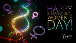 Raupe Designstudio 3D-Illlustration: Darstellung einer 8 aus Laserstrahlen mit Venus-Symbolen mit dem Text Happy international Womens Day